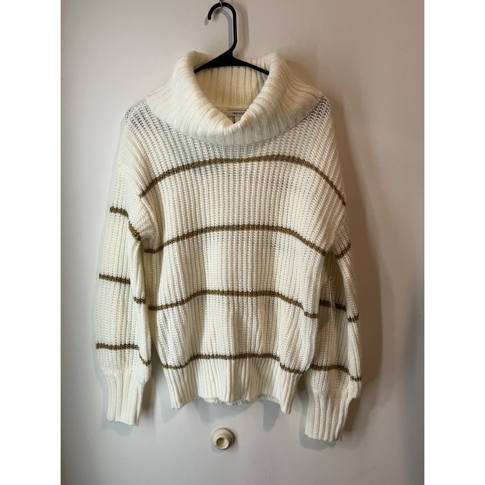 Nine West Cowl Neck Sweater Ivory Metallic Gold Stripes Size Medium Stretch New‎